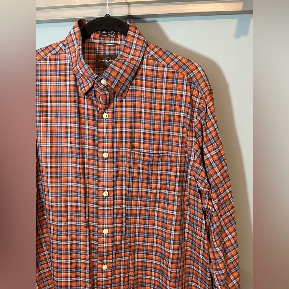 Black Brown 1826 Brown/Orange/Blue Plaid 80's 2-Ply Cotton Button Down Shirt - Picture 3 of 6